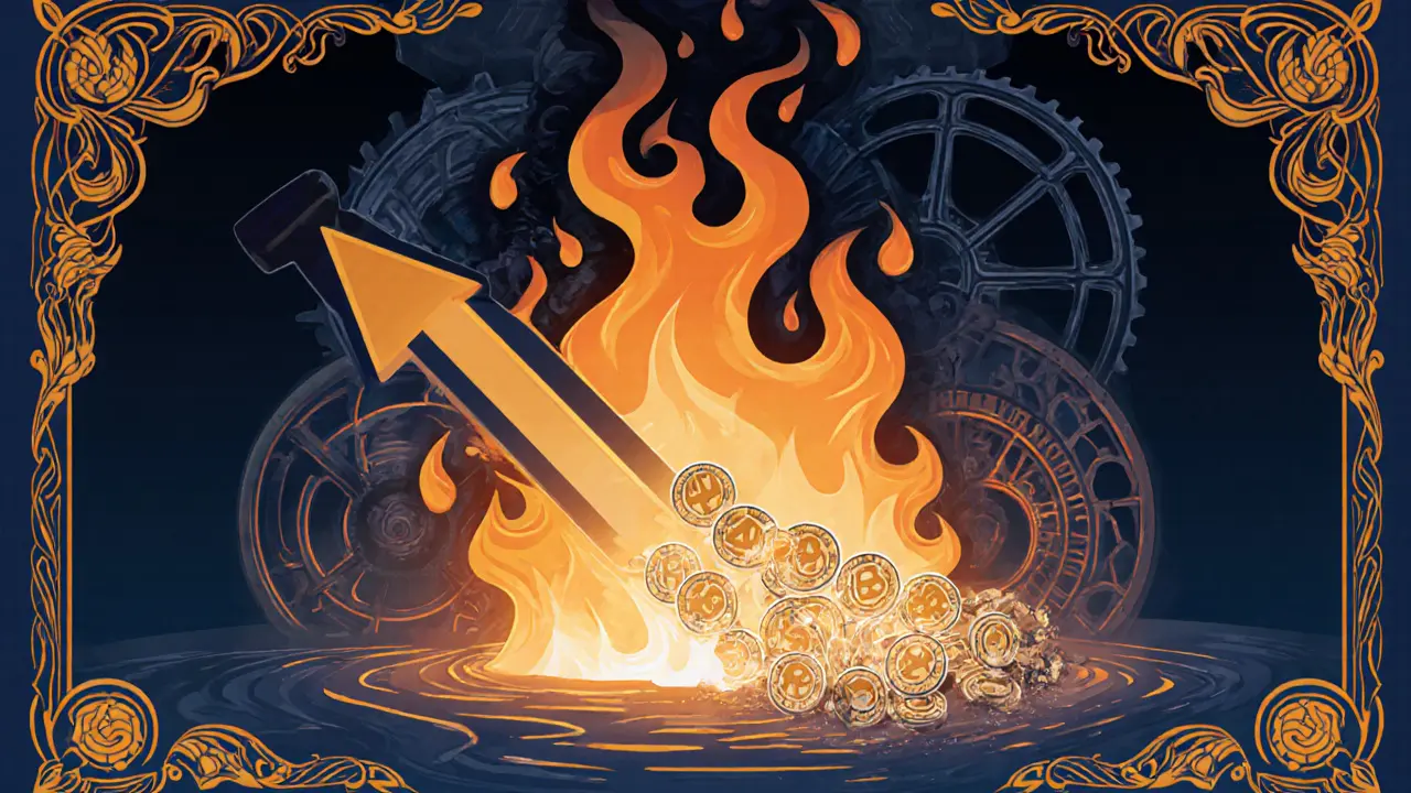 Tokens VYPER convirtiéndose en llama y ceniza junto a engranajes en estilo Art Nouveau.