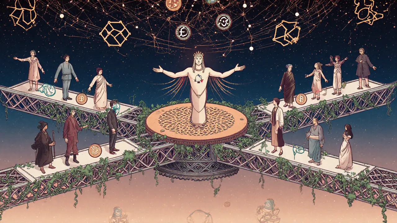 Users trading across floating bridges between blockchains, guided by a guardian figure under a chart-shaped constellation sky.