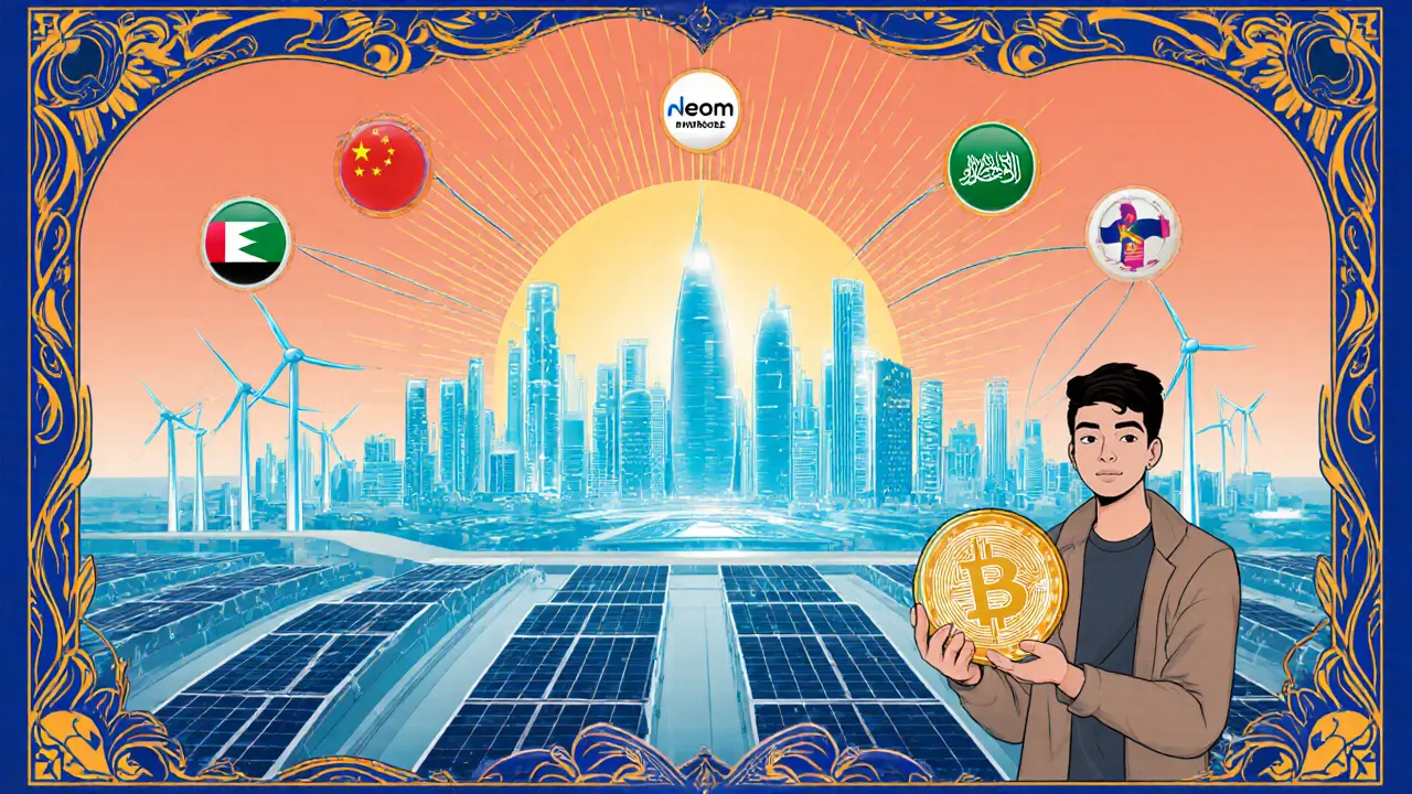 Ciudad NEOM futurista con energías renovables, red mBridge y CBDC, joven con moneda cripto.