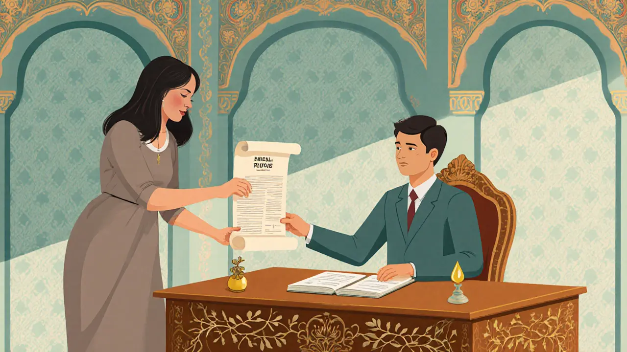 Contribuyente entrega formulario a un funcionario en oficina tributaria.