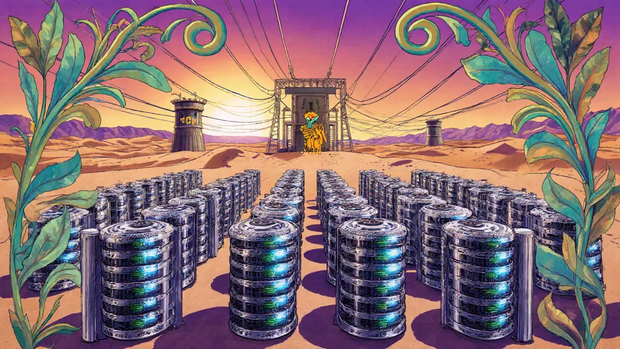 Escena Art Nouveau de una granja de ASIC en un desierto iraní con símbolos militares y energía barata.