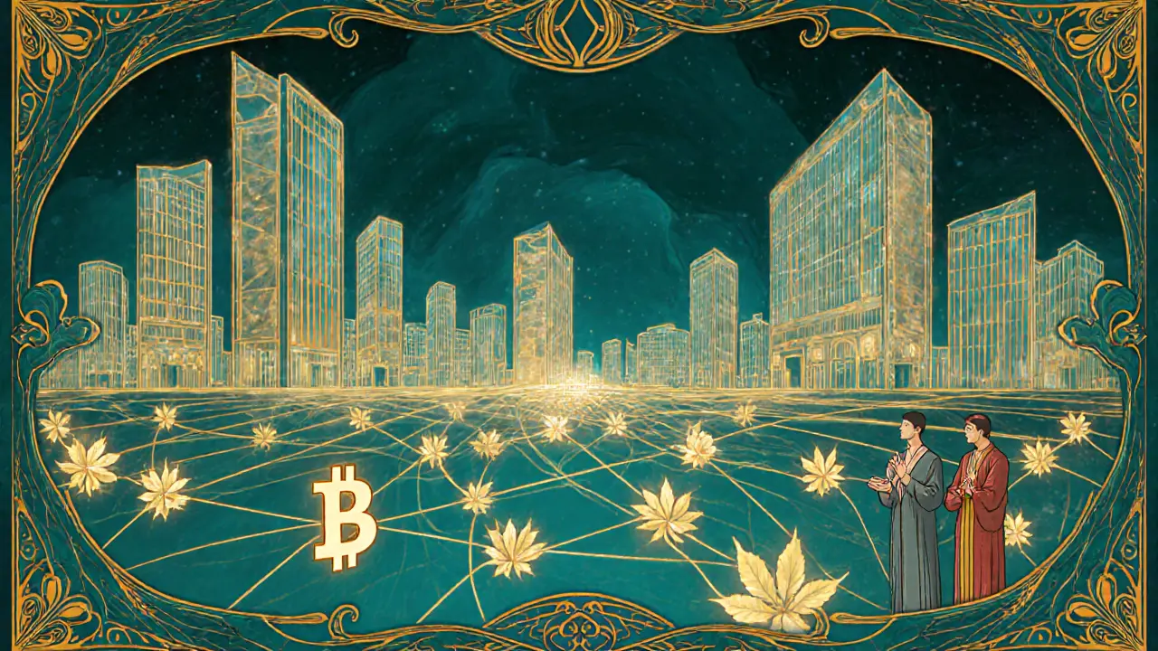Escena Art Nouveau futurista de centros de investigación conectados por blockchain y datos como hojas.