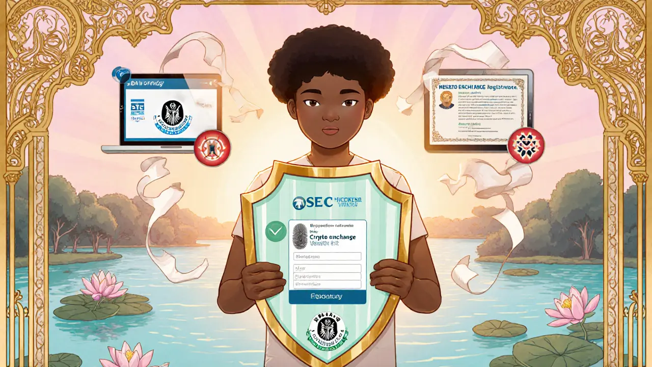 Escena Art Nouveau que muestra a un usuario verificando SEC, CBN y NIN con escudo protector.