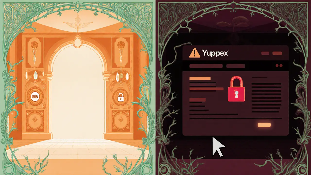 Escena dividida muestra intercambio fiable con candados seguros y Yuppex oscura sin SSL.