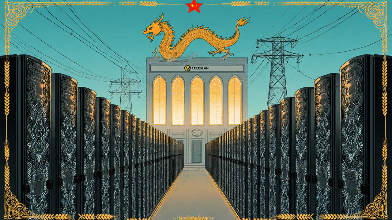 Granja de minería de Bitcoin en Rafsanján con filas de ASICs bajo un cielo azul y un edificio con insignia IRGC.