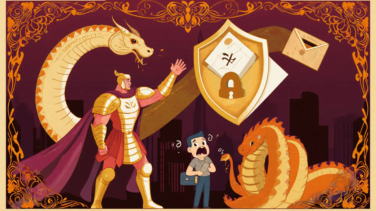 Guardián con escudo bloquea una serpiente de phishing que ataca a un usuario preocupado.