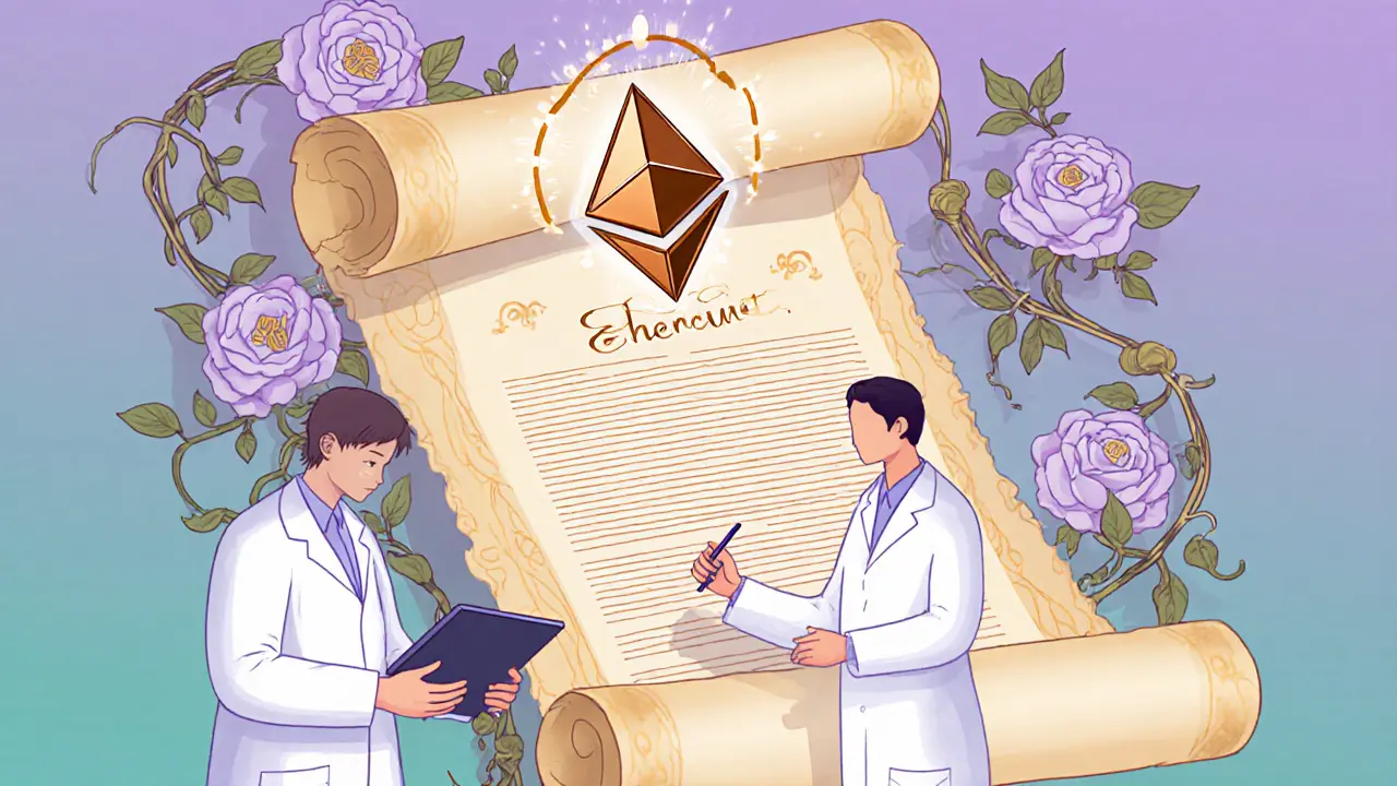 Ilustración Art Nouveau de médico y paciente firmando un contrato inteligente con sello de tiempo.