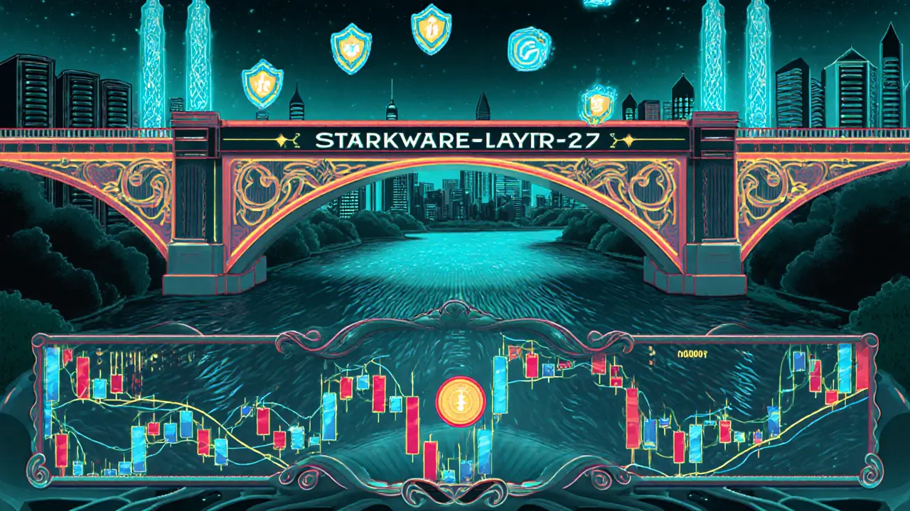 Ilustración Art Nouveau del puente StarkWare y libro de órdenes con símbolos de zk‑Proof.