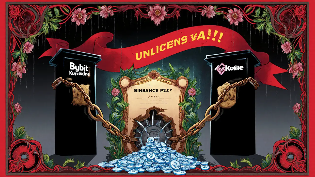 Ilustración Art Nouveau que advierte sobre Bybit, KuCoin y Binance P2P con candados y símbolos de riesgo.