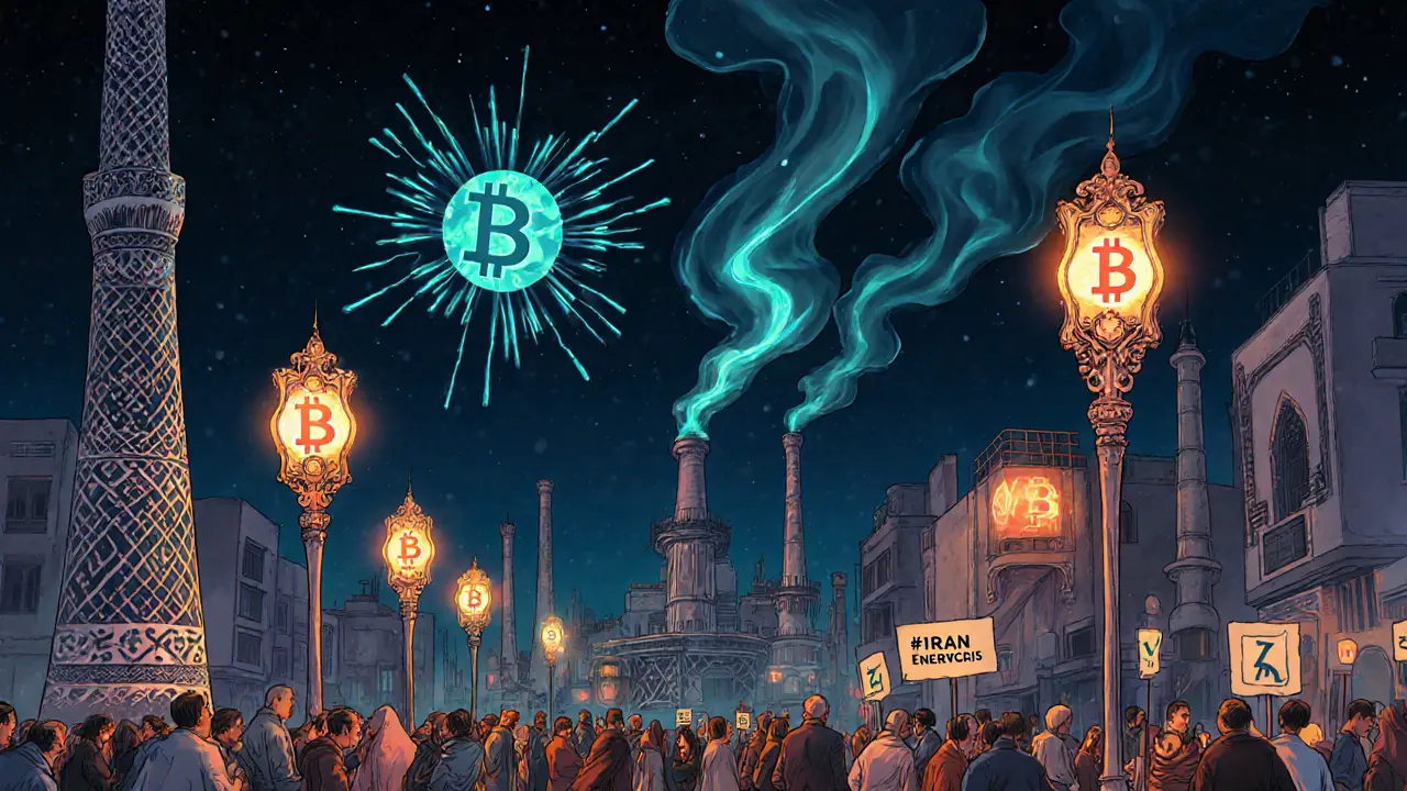 Imagen Art Nouveau que muestra apagones, protestas y la tensión entre la minería de criptomonedas y la energía en Irán.