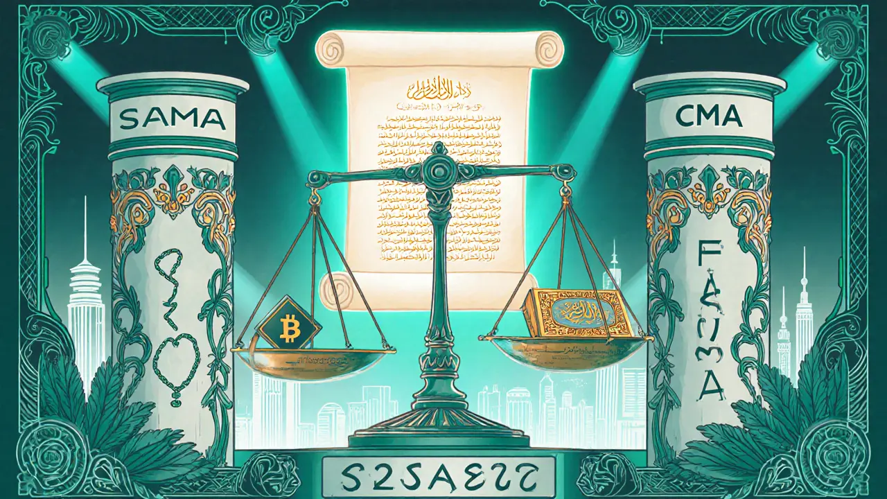 Pilares SAMA y CMA con balanza, cadena de bloques y pergamino de fatwa, estilo art nouveau.