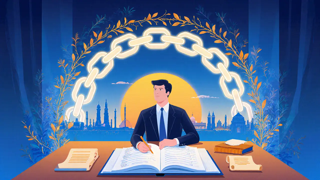 Planificador revisa ganancias cripto frente a una cadena blockchain luminosa.