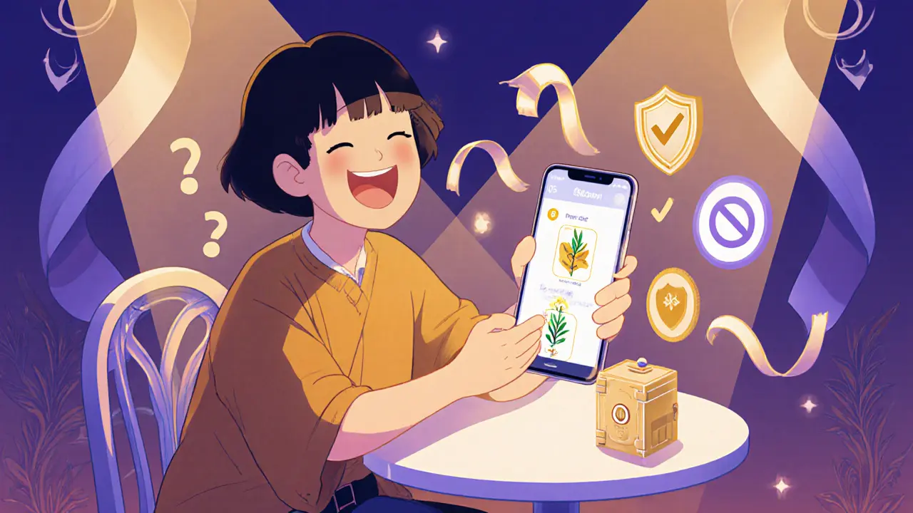 Usuario japonés feliz con la app de Bitbank mostrando préstamos, lotería y seguridad, en estilo Art Nouveau.