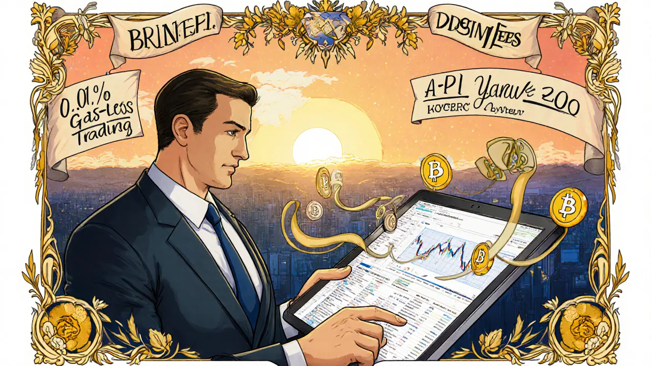 Vista Art Nouveau del futuro de Brine Fi con trader institucional, API y expansión de pares.