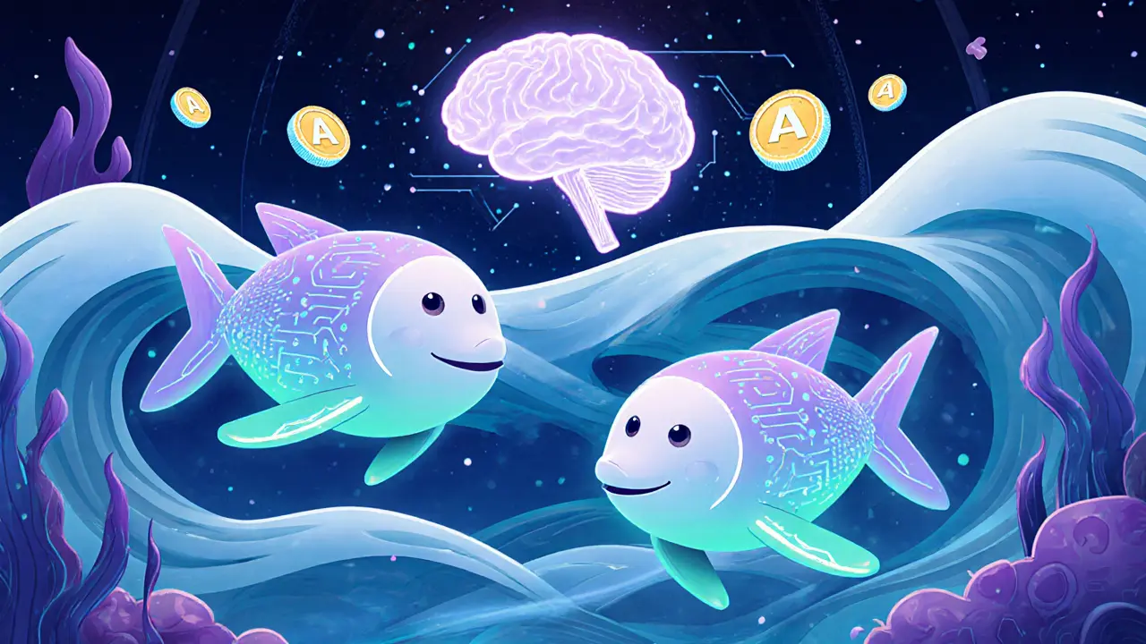 Avatares NFT marinos nadando en un metaverso futurista con elementos de IA.