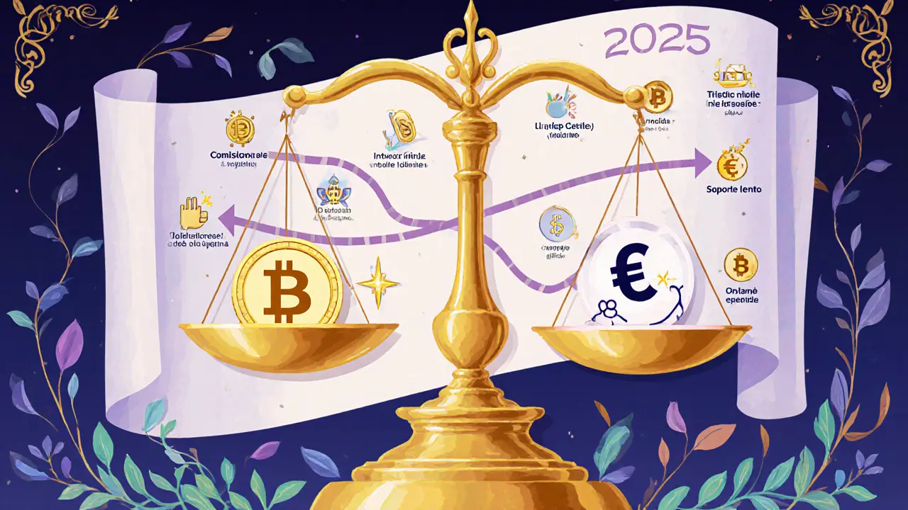 Balanza Art Nouveau mostrando pros y contras de Cobinhood con hoja de ruta 2025.