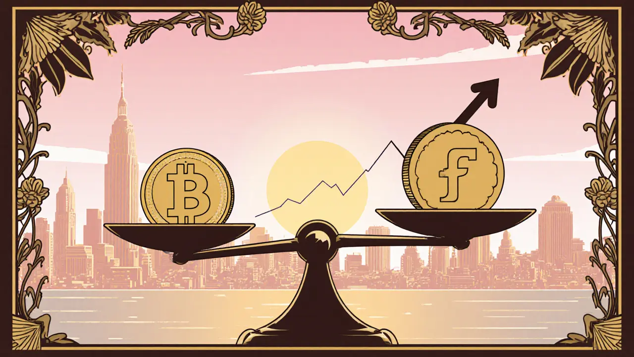 Balanza comparativa entre USDC y FPI con fondo de horizonte urbano.