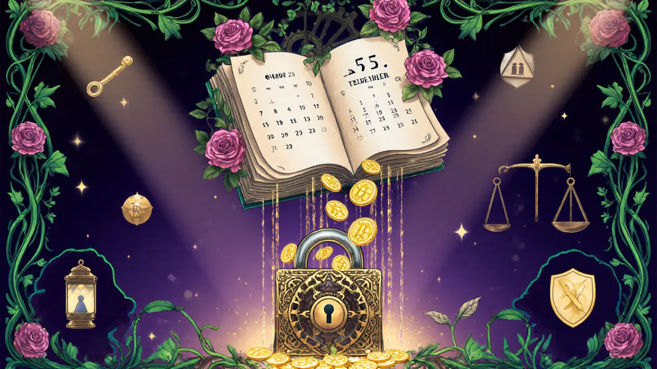 Calendario y máquina de contrato que entrega tokens RVLVR a una billetera protegida.