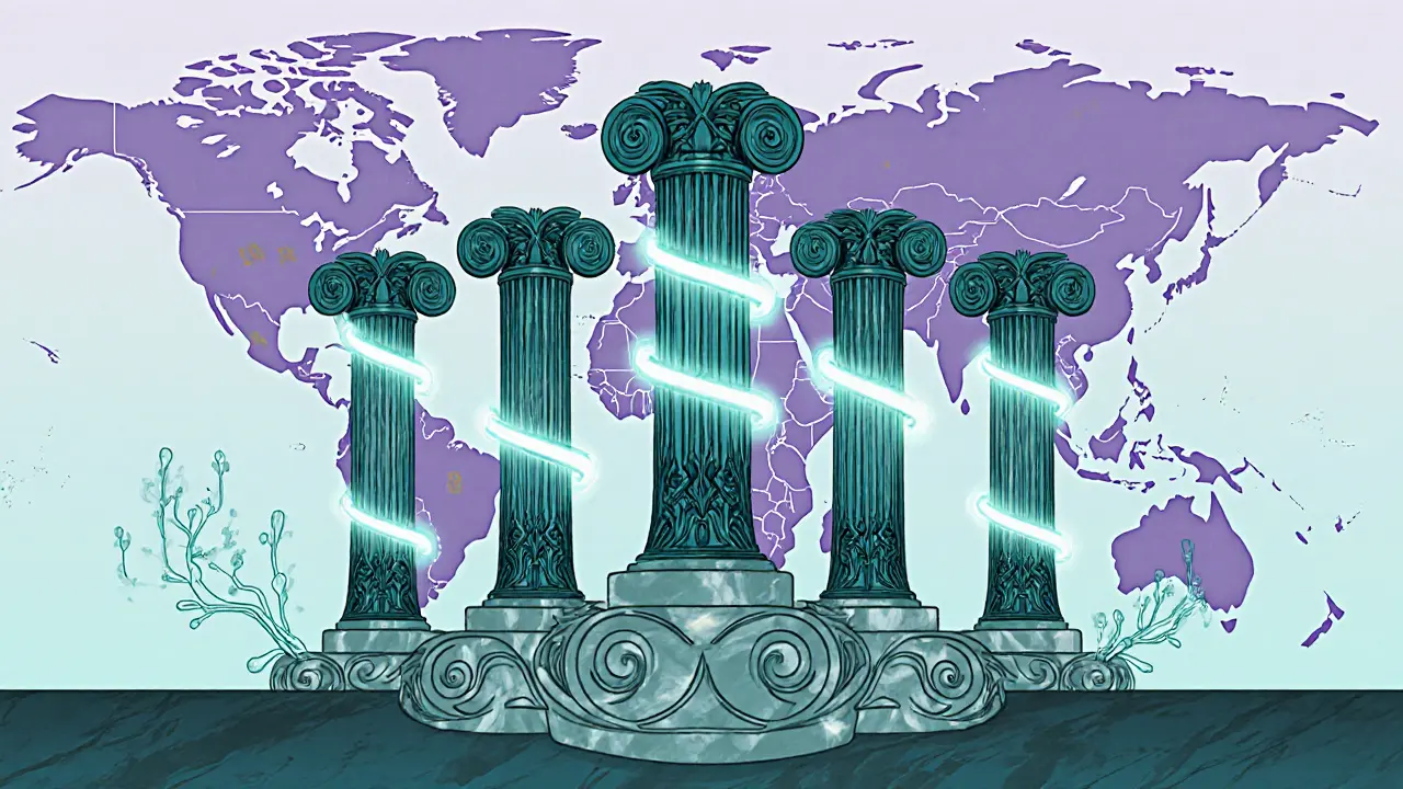 Cinco torres decorativas simbolizan los principales pools de minería y su participación de hash.