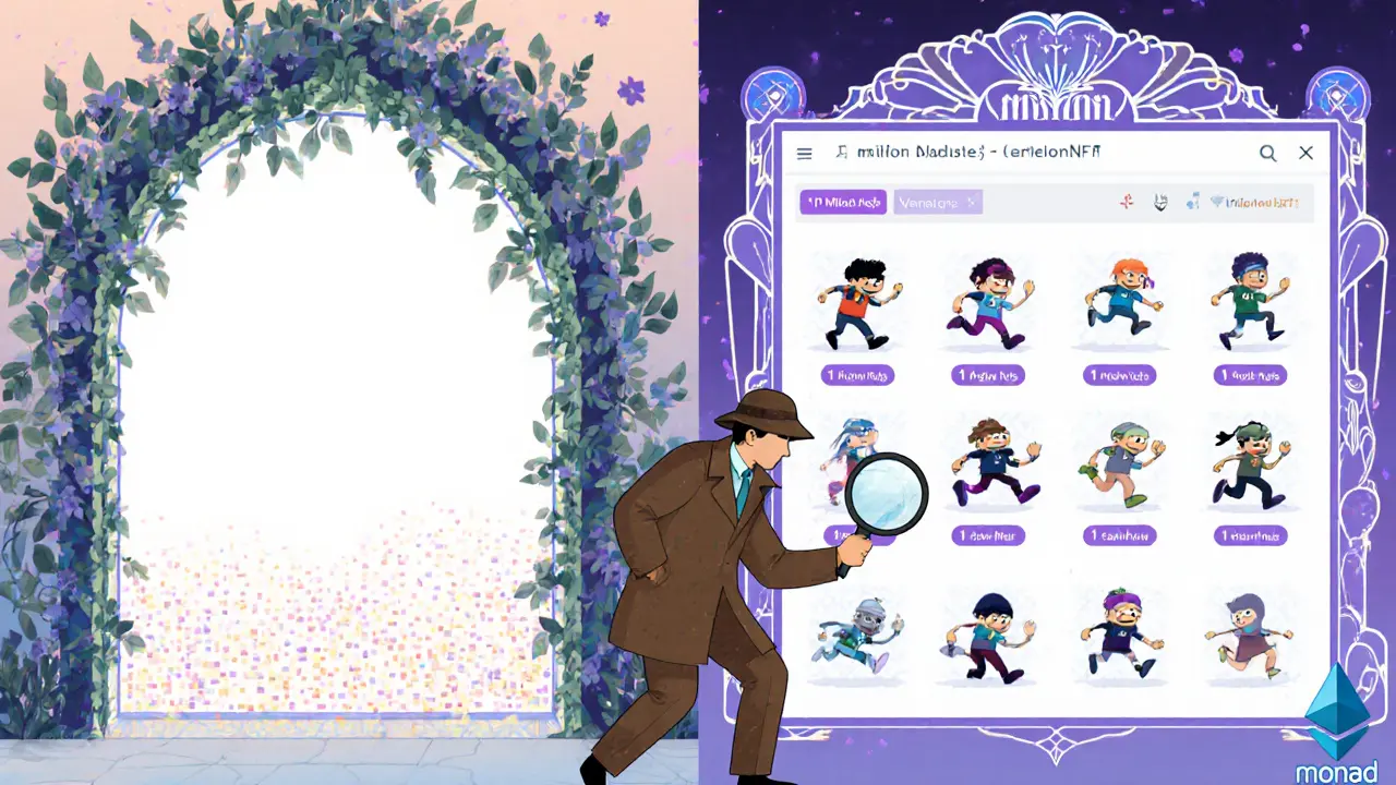 Comparación Art Nouveau de 1MillionNFTs en Ethereum y el airdrop &#039;1 Million Nads&#039; de Monad, con personajes mirando cada pantalla.