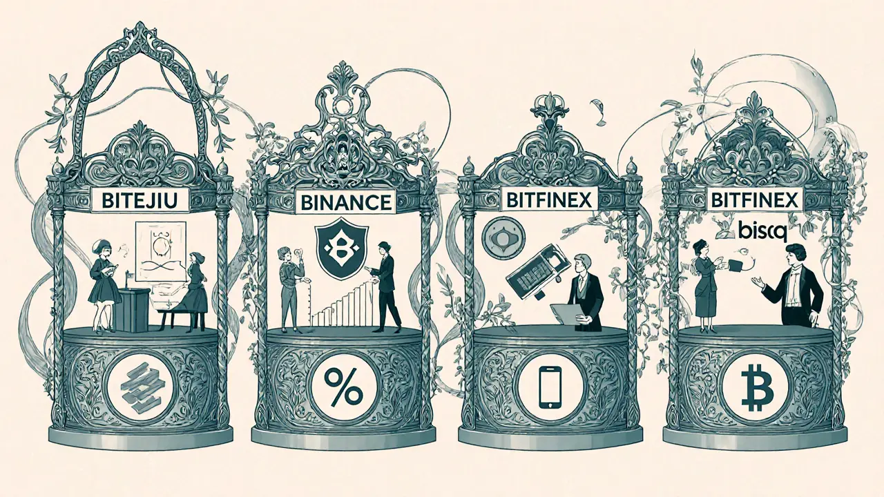Comparación ilustrada de BITEJIU, Binance, Bitfinex y Bisq con iconos Art Nouveau.