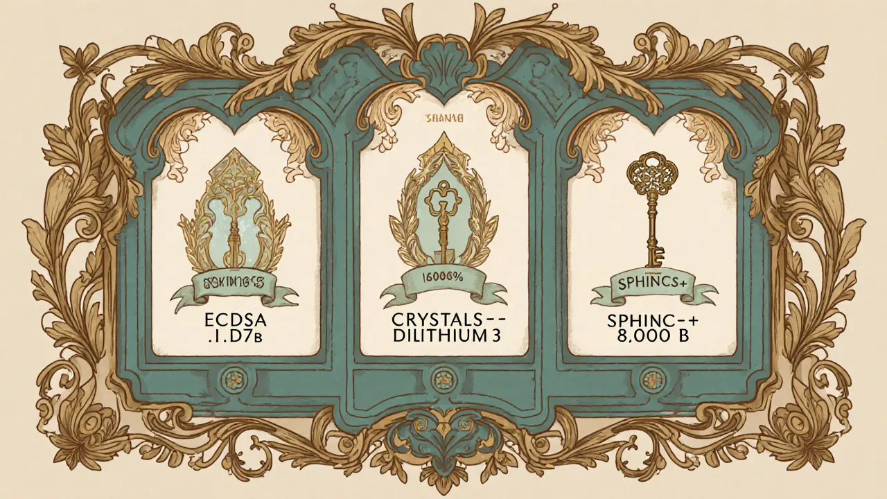 Comparación visual de tamaños de firma para ECDSA, Dilithium y SPHINCS+ con adornos Art Nouveau.