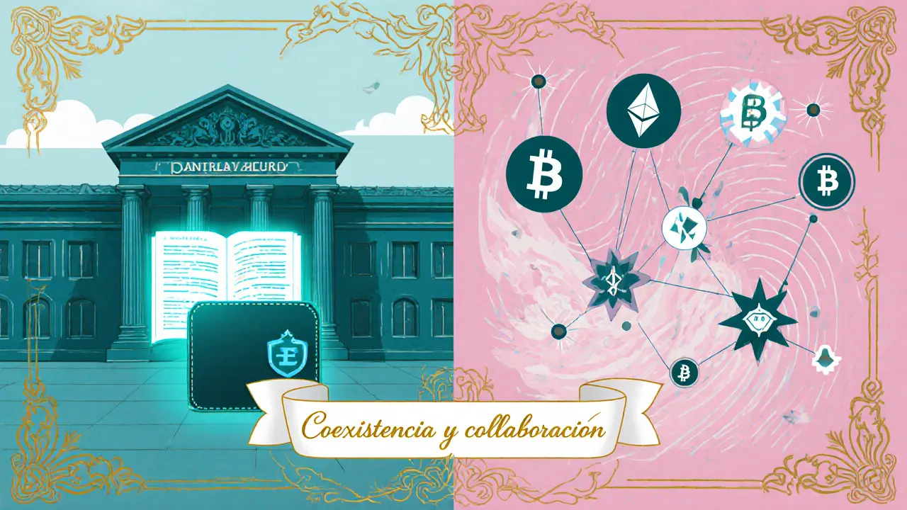 División visual mostrando CBDC institucional a la izquierda y criptomonedas descentralizadas a la derecha, al estilo Art Nouveau.