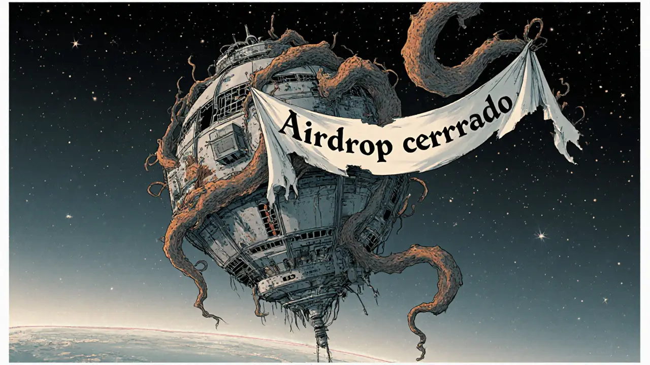 Escena Art Nouveau de una nave abandonada y cartel &#039;Airdrop cerrado&#039; que muestra el estado del proyecto.