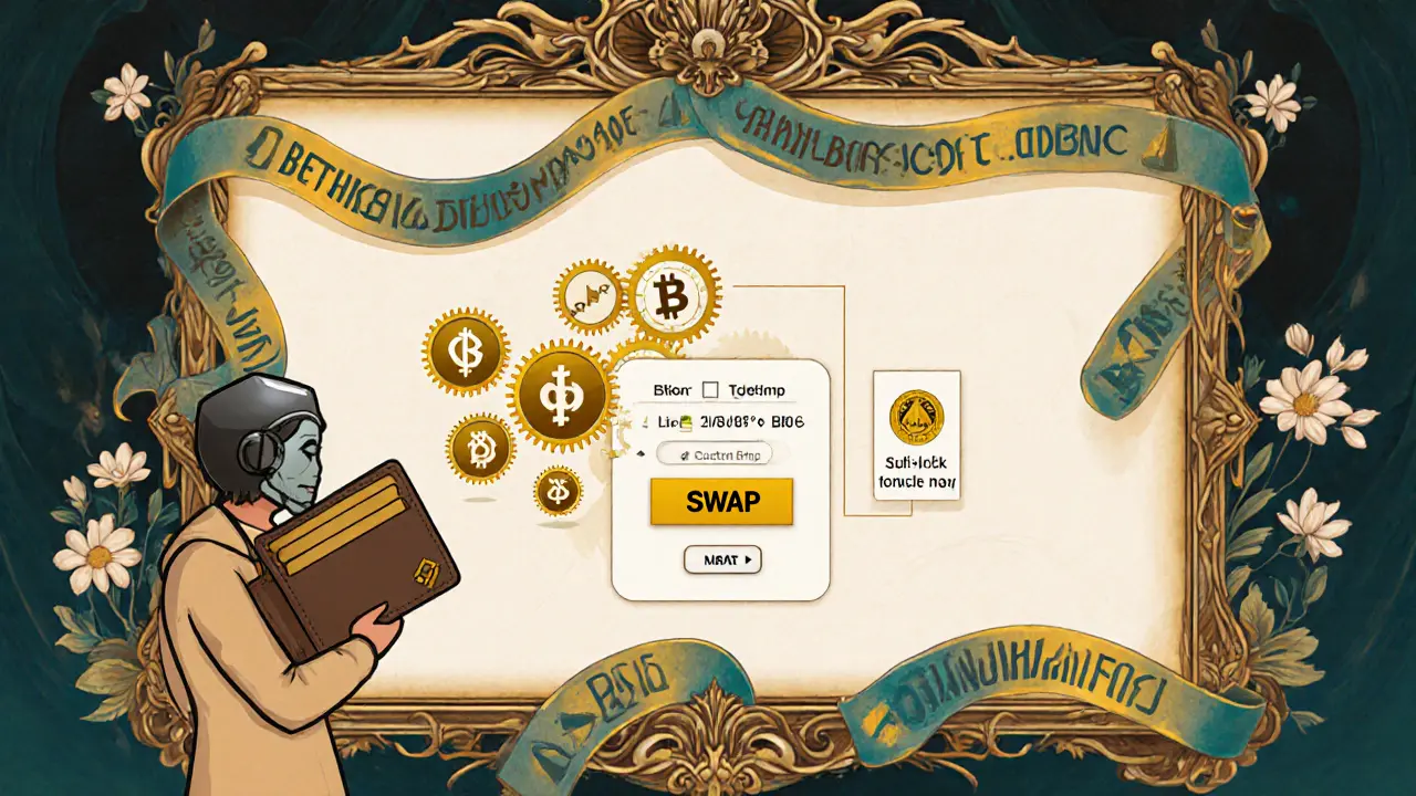 Escena Art Nouveau que muestra la interfaz de Candylad Swap y una cartera conectada