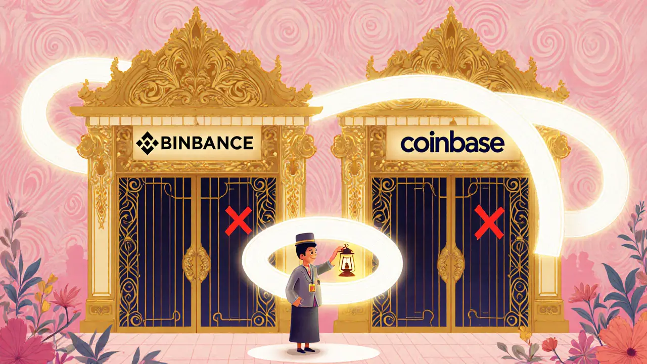 Escena de bloqueo de exchanges extranjeros Binance y Coinbase por autoridades camboyanas.