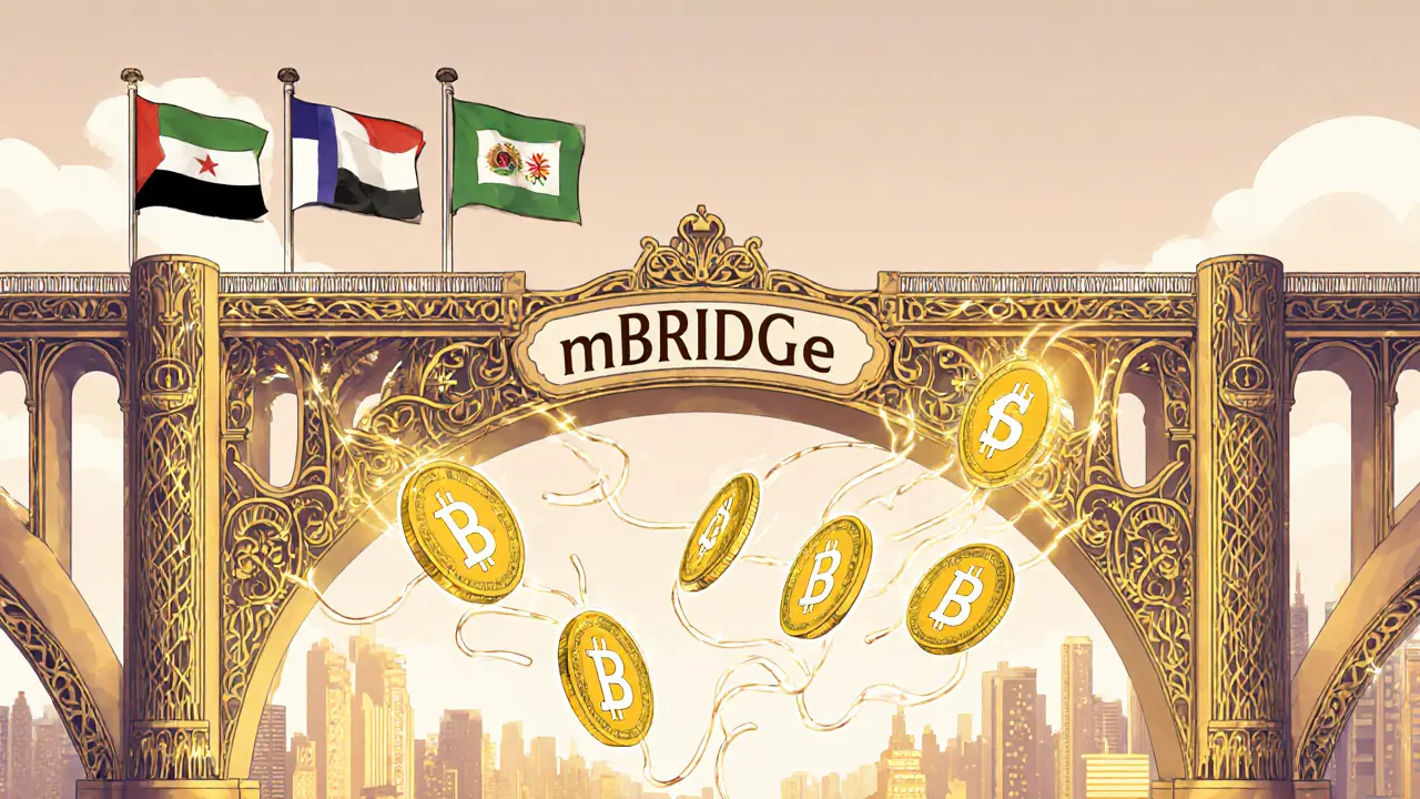 Escena de puentes digitales mBridge y Dunbar con monedas CBDC cruzando banderas, estilo Art Nouveau.