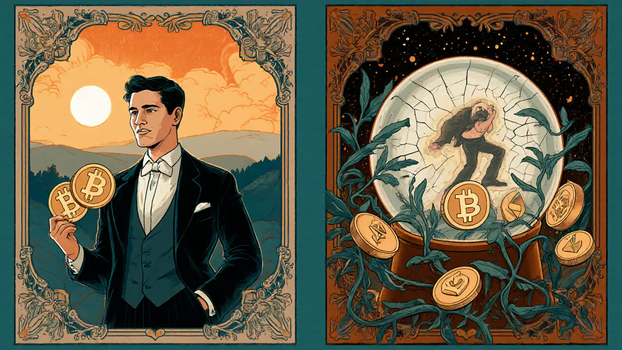 Escena dividida: hombre tranquilo con stablecoins vs. inversor alarmado con pérdidas de SHIB/ETH en un cartel vintage.