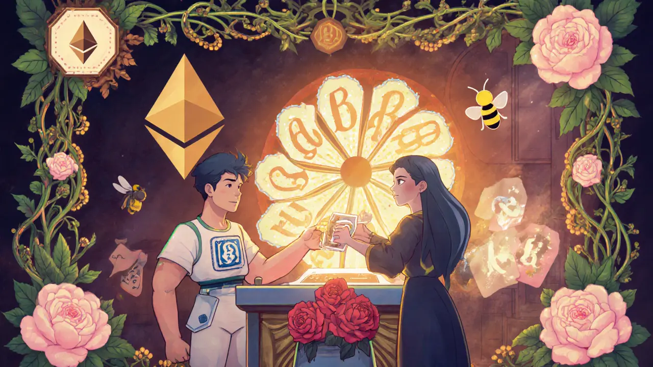 Escena estilo Art Nouveau mostrando intercambio de tokens y juego de lotería NFT.