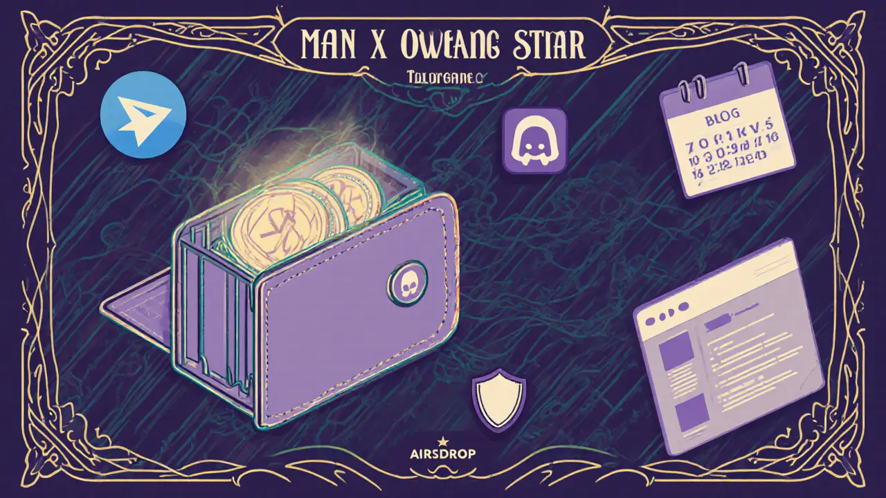 Guía ilustrada de pasos para reclamar el airdrop, con wallet y íconos de Telegram y Discord.