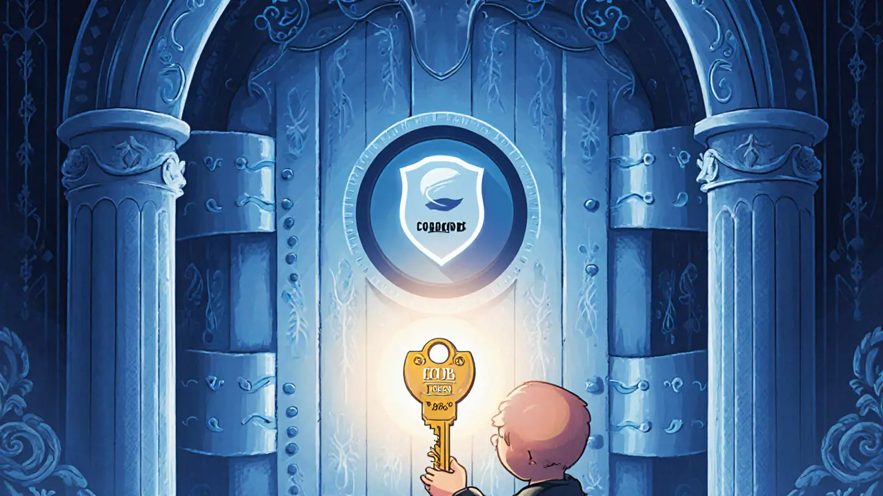 Ilustración Art Nouveau de una bóveda de seguridad con escudo 2FA y token COB.