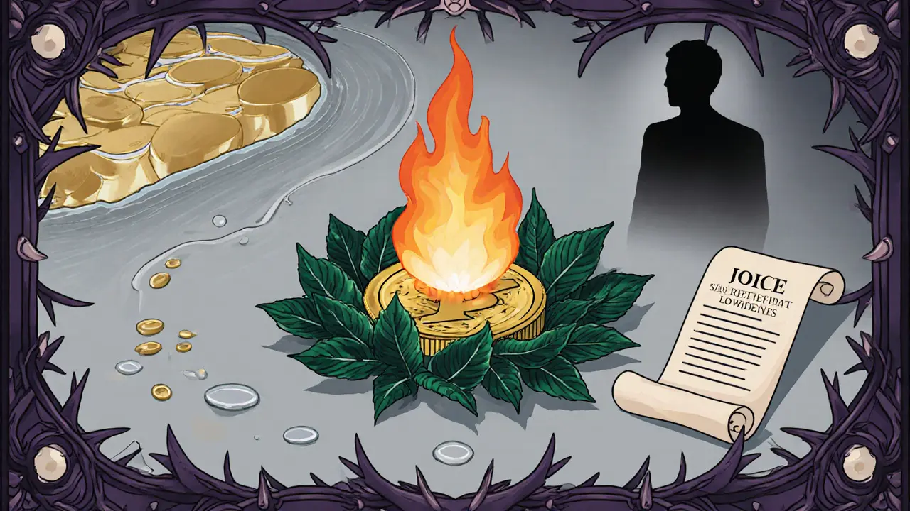 Ilustración Art Nouveau que representa riesgos: quema de tokens, baja liquidez y alerta regulatoria.