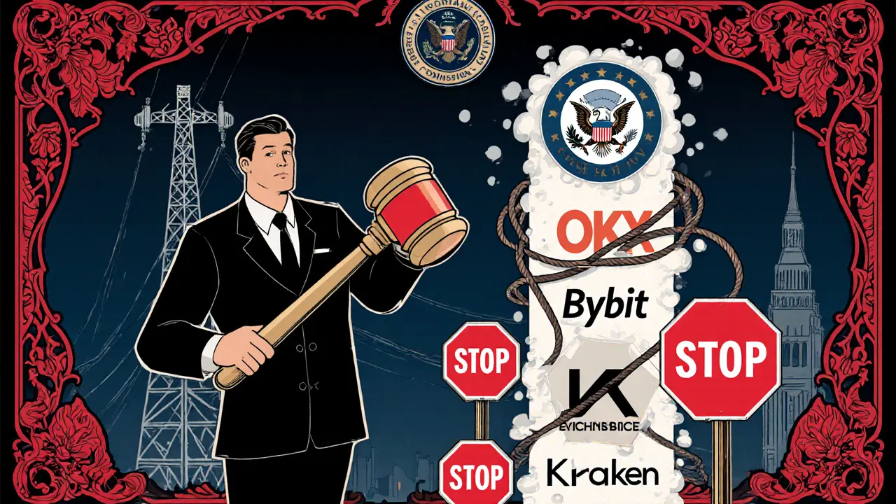 Inspector de la SEC apunta un martillo a logos de exchanges bloqueados con señales rojas.