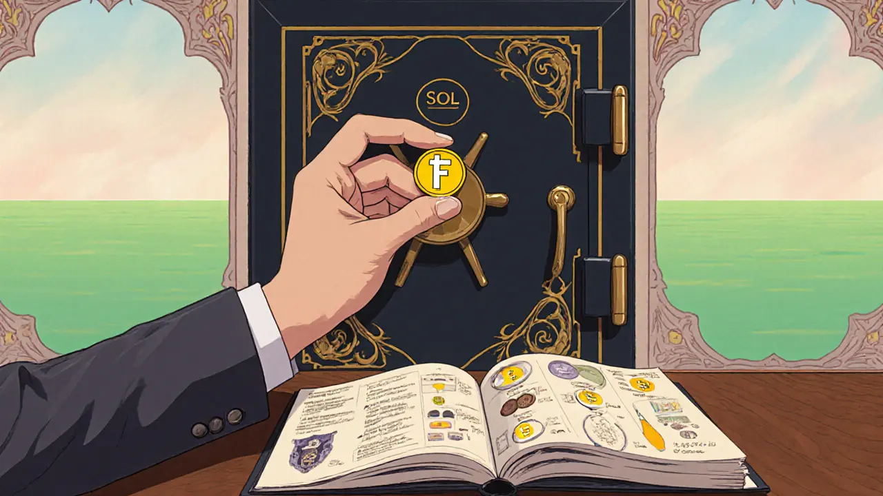 Inversor prudente observando una pequeña ficha FRED junto a una cartera diversificada, en estilo Art Nouveau.