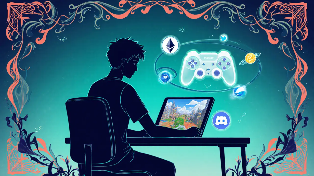 Joven gamer con wallet digital, iconos de redes sociales y controlador de juego en estilo Art Nouveau.