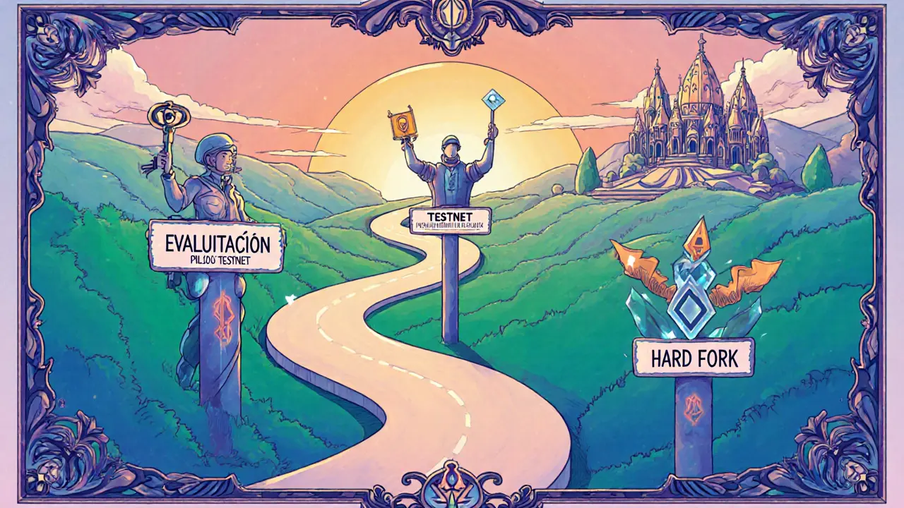 Mapa de ruta con pasos de evaluación, piloto y hard fork en estilo Art Nouveau.