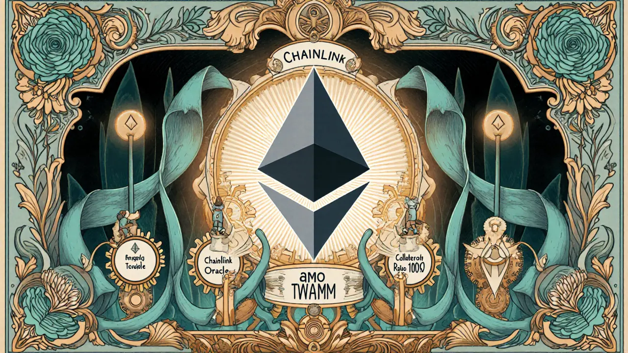 Máquina artística con engranajes que representan oráculo Chainlink y AMO.