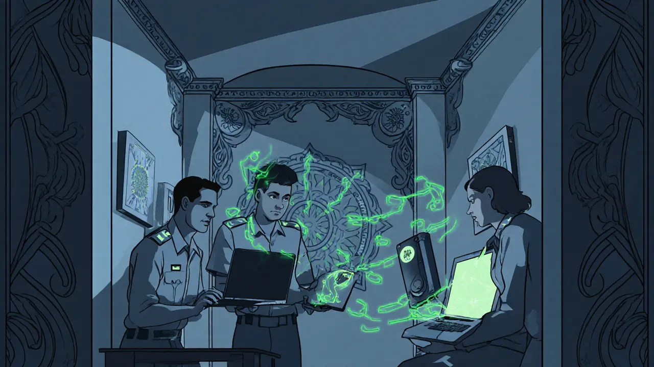 Policía nepalesa incautando laptops y smartphones mientras flotan patrones de blockchain.