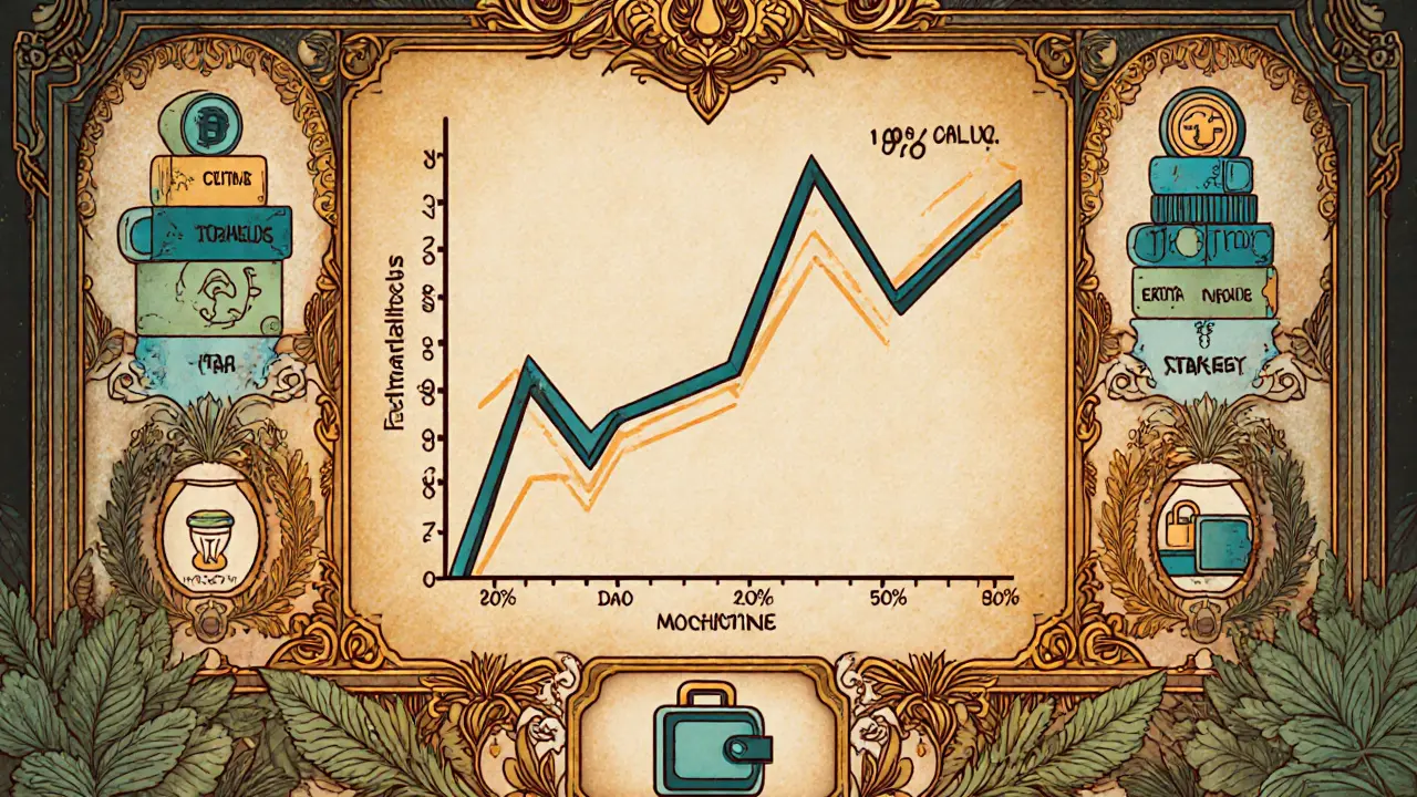 Poster Art Nouveau con gráficos de tokenomics y caída del precio del token SMCW.