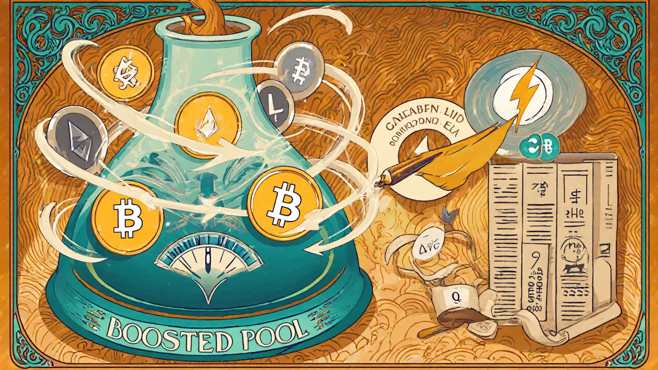 Representación de un pool multitérmino y Boosted Pool conectados a Aave y Lido, con intercambio sin gas.