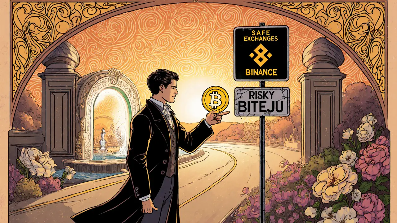 Trader cauteloso con pequeña Bitcoin evalúa riesgos de BITEJIU en estilo Art Nouveau.