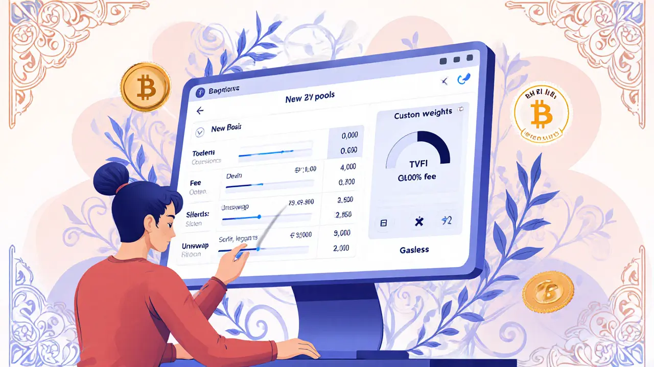 Usuario creando un pool en Balancer V2, comparando con Uniswap, mostrando ventajas gasless.