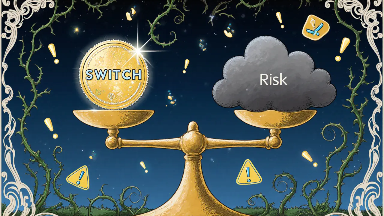 Balanza Art Nouveau que equilibra un token SWITCH brillante contra una nube oscura de riesgo.