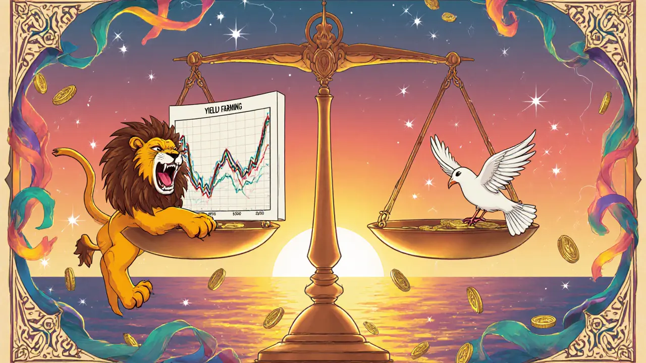 Balanza con león y paloma representando Yield Farming y Staking al amanecer.