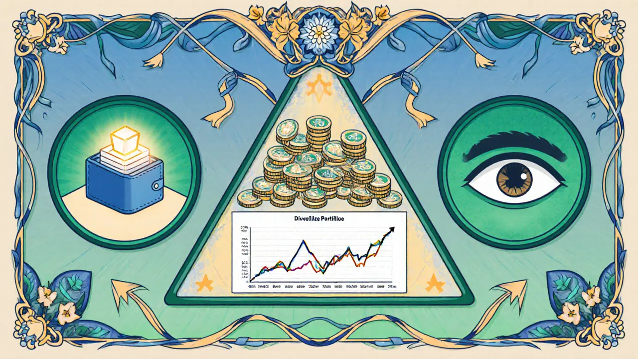 Cartel Art Nouveau con consejos de seguridad: diversificar, usar wallet propia y vigilar tokens.