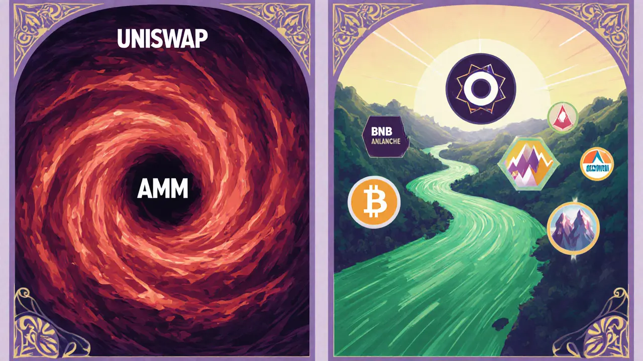 Comparación estilo Art Nouveau entre Uniswap y 0x, resaltando menor deslizamiento y agregación de liquidez.